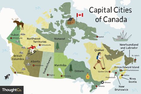 The capital cities of the provinces and territories of Canada range from world-class metropolises to thriving native cultural centers. Canada Provinces And Capitals, Canada Cities, Canadian Geography, Year Board, Map Of Canada, Fredericton New Brunswick, Whitehorse Yukon, Baffin Island, Ottawa River