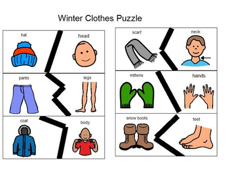 *****Winter Clothes Puzzles - Print on cardstock and laminate; Good for body parts and "where" questions. Winter Clothing Theme For Toddlers, Winter Clothes Activity Preschool, Winter Clothes Toddler Activities, Winter Clothes Activities Preschool, Winter Clothes Preschool, Winter Clothes Preschool Activities, Winter Unit, Clothing Themes, Preschool Speech