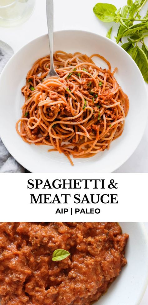 Spaghetti and Meat Sauce – the ultimate comfort food! This version is AIP, paleo and nightshade free made with nomato sauce and cassava flour pasta. #spaghettiandmeatsauce #meatsauce #spaghetti #nightshadefree #nomatosauce #aip #aiprecipes #paleo #paleorecipes #cleaneats #coconutfree #dairyfree #maindish #cleaneats Nightshade Free Spaghetti Sauce, Nightshade Free Side Dishes, Aip Spaghetti Sauce, Gluten And Nightshade Free Recipes, Nightshade Free Paleo Recipes, Nomato Aip Sauce, Low Histamine Pasta Sauce, Aip Nightshade Free Recipes, Aip Nomato Sauce Recipe