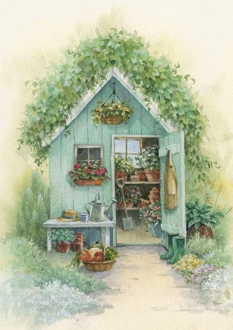 Hazel Lincoln, Peter Rabbit Pictures, Garden Huts, Baba Jaga, Garden Watercolor, Advocate Art, Cottage Art, Illustration Art Drawing, Potting Shed