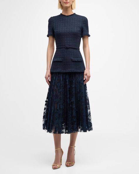 B975N Oscar de la Renta Short-Sleeve Tweed And Guipure Skirt Midi Dress With Self Belt Fall Luncheon Outfits, American Wardrobe, Versace Fashion, Cocktail Jacket, Skirt Midi, Tweed Dress, Design Dress, Lingerie Romper, Wedding Couple