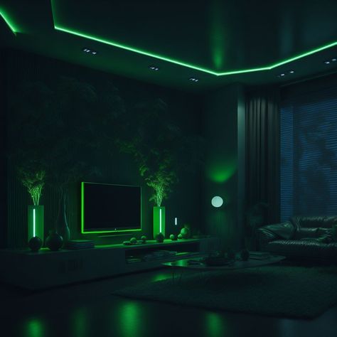 #like #kitchen #architecture #design #interiordesign #art #architecturephotography #photography #travel #interior #architecturelovers Dark Green Gaming Room, Dark Led Bedroom, Black And Green Room Aesthetic, Neon Lights Living Room, Green Gaming Room, Futuristic Bedroom Design, Futuristic Bedroom Ideas, Modern Penthouse Apartment, Gaming Studio