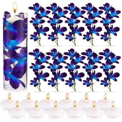 PRICES MAY VARY. Plastic, Iron Wire Nice Combination: you will receive a package including 16 pieces of artificial purple blue orchids and 12 pieces of unscented floating candles, beautiful appearance and fine workmanship, and the quantity is abundant to satisfy your various demands for daily decoration Suitable Using Size: each purple blue orchid stem measures approx. 19 cm/ 7.5 inches in total length, and each floating candle measures approx. 1.5 x 3.9 cm/ 0.6 x 1.5 inches, suitable sizes to s Flowers For Centerpieces, Purple Turquoise Wedding, Candles Purple, Blue Orchid Flower, Blue Purple Wedding, Floating Candles Wedding, Purple Centerpieces, Birthday Party Table Decorations, Galaxy Wedding