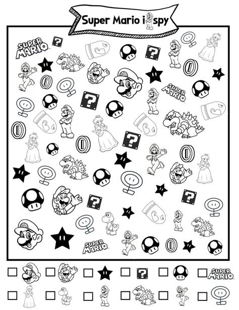 Super Mario I Spy Free Printable Game Super Mario Printables Free Coloring, Super Mario Games For Kids, Mario Bingo Free Printable, Super Mario Worksheets Free Printables, Super Mario Learning Activities, I Spy Pages Free Printable, Mario Party Printables Free, Super Mario Activity Sheets, Mario Word Search