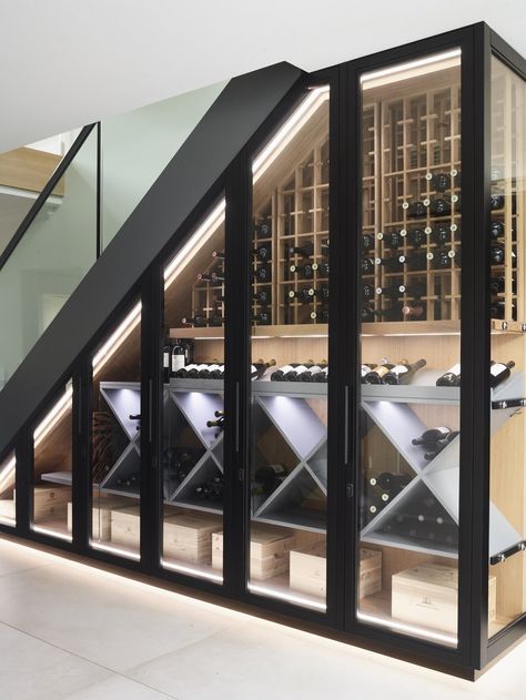 Small Wine Cellar, Staircase In Living Room, Office Under Stairs, Wine Cellar Closet, Under Stairs Space, Under Stairs Wine Cellar, Stairs Modern, Room Under Stairs, Closet Under Stairs