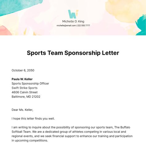 Customize and Download this "Free Sponsorship Letter for Sports Team". Enhance this design & content with free ai. "Free Sponsorship Letter for Sports Team" is in editable, printable format. Donation Request Letters Sports, Sports Sponsorship Letter, Formal Letter Writing Format, Sponsorship Letter Template, Letter Writing Format, Sponsorship Levels, Fundraising Letter, Team Template, Sponsorship Package