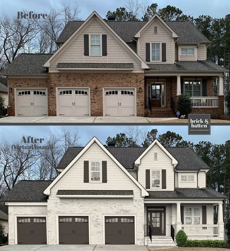 10 Traditional House Exterior Design Ideas - brick&batten Exterior House Paint Makeover, House Exterior Painted Brick, White Brick House Remodel, Exterior Brick House Colors Ideas, Vinyl And Brick House Exterior Colors, Painted Brick Before And After, Outside House Colors Schemes With Brick, Painted Brick With Siding, 90s House Exterior Makeover