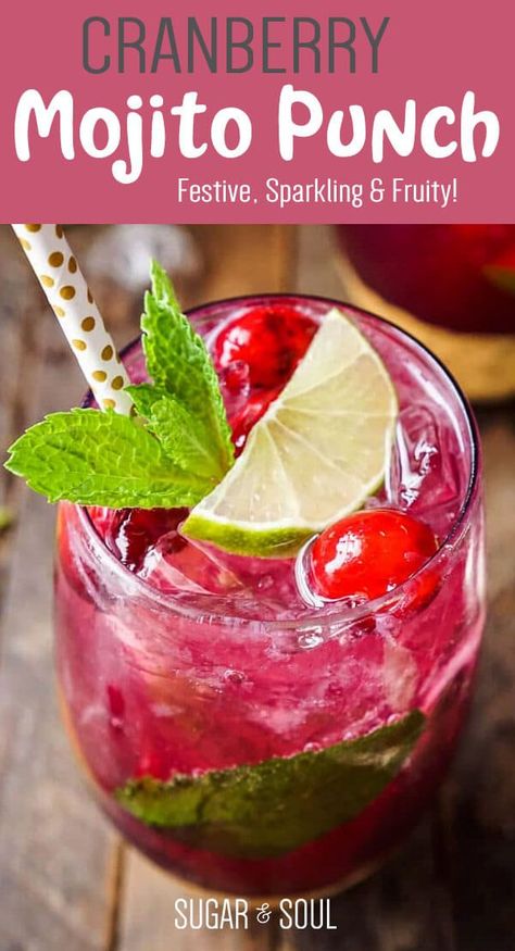 This Cranberry Mojito Punch is a festive, sparkling, and fruity large-batch cocktail that's sure to have everyone dancing the night away at your holiday party! #christmas #cranberry Cranberry Mojito Recipe Pitcher, Mojito Punch, Cranberry Mojito, Mojito Recipe Pitcher, Cranberry Cocktail Recipe, Holiday Drinks Alcohol, Christmas Drinks Alcohol Recipes, Cranberry Punch, Christmas Cranberry