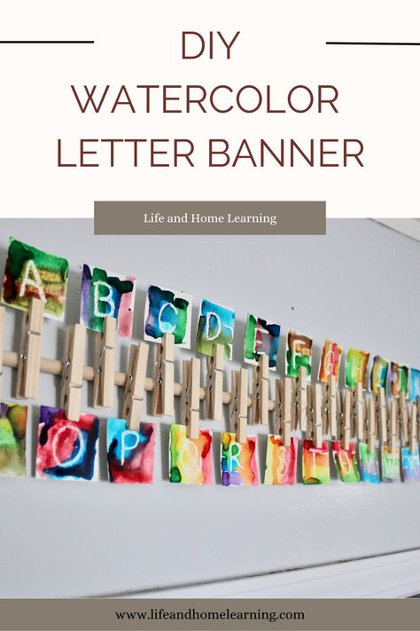 Check out this awesome DIY watercolor letter banner that you and your child can work together to make! #homeschool #preschool #toddler #alphabet #ABC's #Letterrecognition Diy Homeschool Bulletin Board, Abc Wall Decor, Toddler Alphabet, Homeschool Room Decor, Letter Matching Activities, Artwork Easy, Abc Wall, Letter Recognition Activities, Diy Preschool