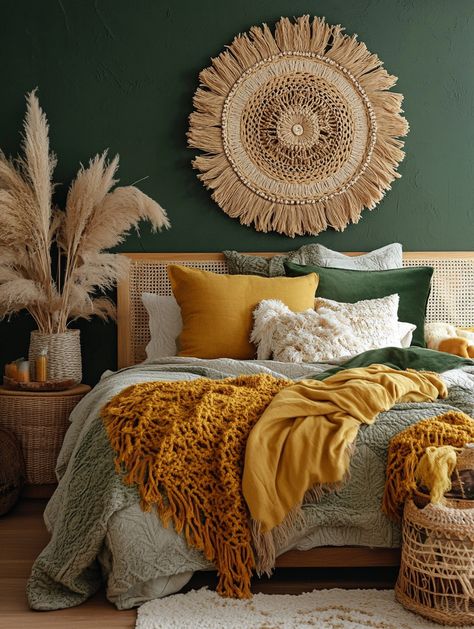 Transform your space with this cozy and stylish home bedroom refresh! Featuring vibrant mustard and green tones, woven wall decor, and lush textiles, this boho-inspired look adds warmth and character. Elevate your bedroom vibes with earthy accents. #HomeDecor #BohoStyle #BedroomRefresh Boho Bedroom Mustard Yellow, Mustard Color Room Bedrooms, Emerald Boho Bedroom, Ochre Bedroom Ideas, Mustard Yellow Green Color Palette, Forest Green And Yellow Bedroom, Golden Boho Bedroom, Sage Green And Mustard Living Room, Sage And Mustard Bedroom