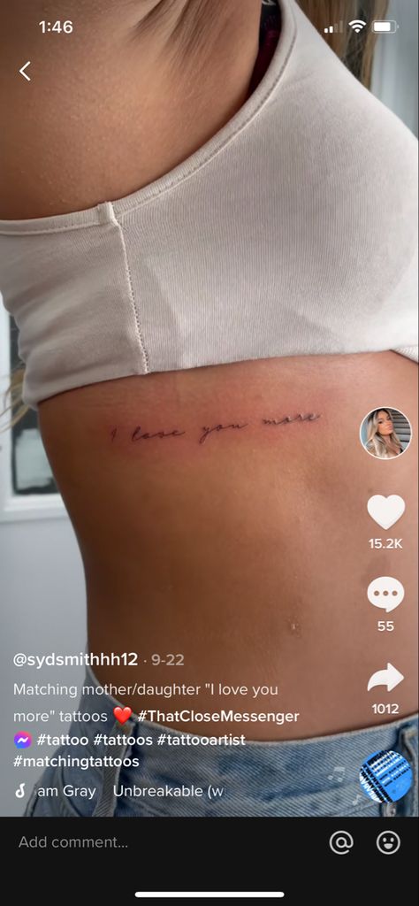 I Love You Hip Tattoo, Back Tattoo Small Upper, Mothers Writing Tattoo, I Love You More Rib Tattoo, Small Tattoos On Rib Cage, Simple Back Shoulder Tattoo, Tattoo Placements For Words, Tattoo Ideas Love You To The Moon And Back, Written Tattoo Placement Ideas