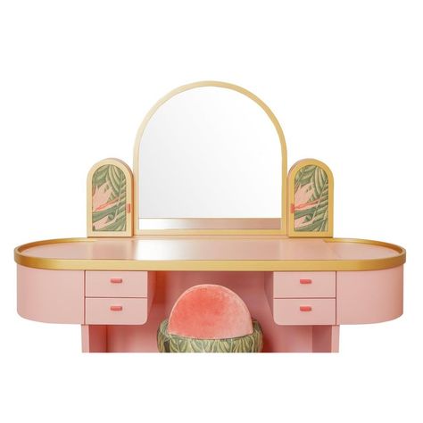 Pink Bedroom Vanity with Velvet Pouf, Set of 2 | Chairish Bedroom Wall Styling Ideas, Boho Eclectic Decor Bedroom, Boho Art Deco Bedroom, Peach And Green Bathroom, Wood Vanity Bedroom, Cottagecore Vanity, Colorful Vanity, Feminine Furniture, Rounded Mirror