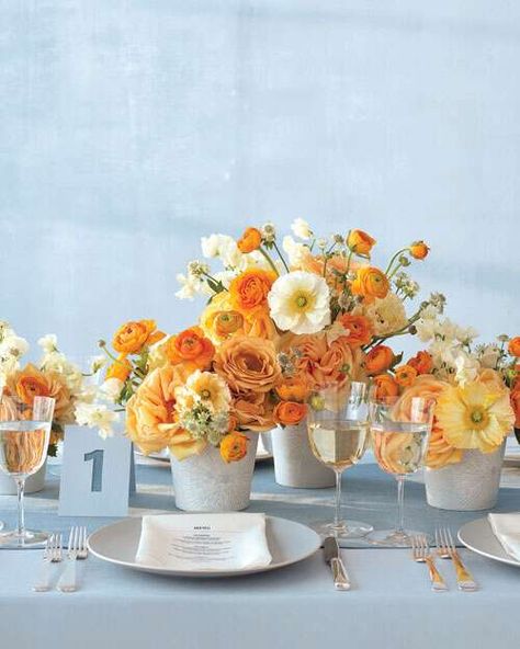 Martha Stewart Weddings Flowers, Orange Wedding Centerpieces, Colorful Wedding Centerpieces, Orange Centerpieces, Orange And White Flowers, Modern Centerpieces, Orange Wedding, Martha Stewart Weddings, Wedding Arrangements