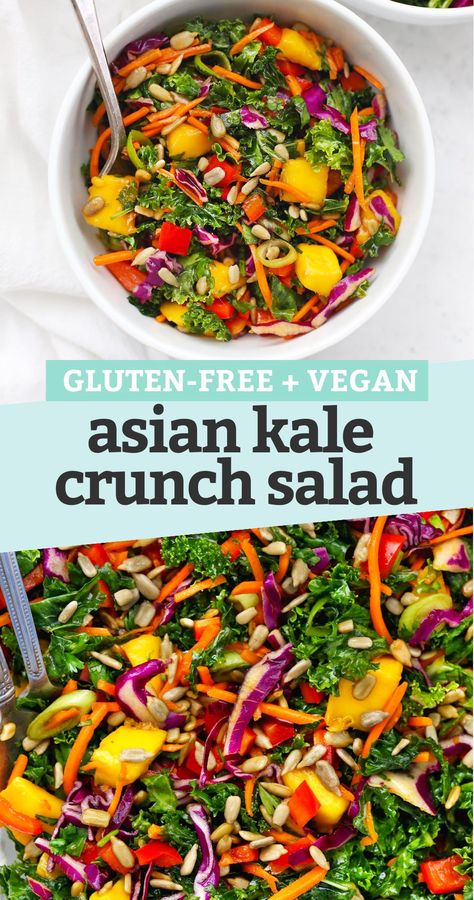 Asian Kale Crunch Salad - This colorful kale salad has a rainbow of veggies, a tangy Asian-inspired dressing, and plenty of crunch. It's a fresh, delicious side dish or awesome main dish any day of the week! (Gluten-Free, Vegan, Paleo-Friendly) // Asian Kale Salad // Kale Crunch Salad Recipe // Mango Kale Salad // Healthy Lunch // Side Salad // Rainbow Kale Salad #kale #lunch #glutenfree #vegan Kale Crunch Salad, Asian Kale, Kale Salads, Crunch Salad, Recipe Mango, Salad Kale, Lunch Sides, Kale Salad Recipes, Vegan Asian