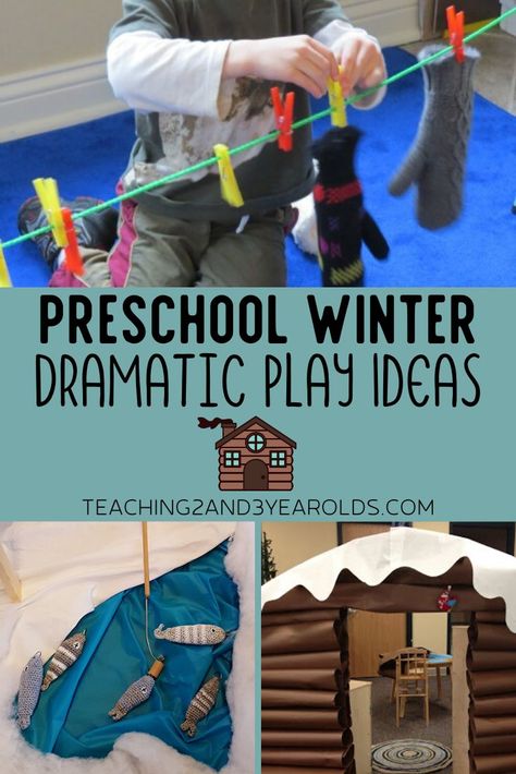 Add some snowy winter fun to your dramatic play area, from ice skating to a snowy winter cabin. #winter #dramaticplay #preschool #toddler #pretend #printable #2yearolds #3yearolds #teaching2and3yearolds Preschool Winter Wonderland, Hibernation Dramatic Play Preschool, Toddler January Themes, Igloo Dramatic Play Preschool, Winter Themed Dramatic Play, Winter Role Play Eyfs, Ice Skating Dramatic Play, Winter Classroom Decorations Preschool, Hibernation Dramatic Play