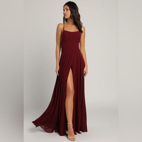 Brand New, Never Worn, With Tags, Dreamy Romance Burgundy Backless Maxi Dress Dark Green Prom Dress, Dreamy Romance, Peach Maxi Dresses, Black Flare Dress, Blush Maxi Dress, Green Satin Dress, Burgundy Maxi Dress, Merlot Color, Prom Dresses Yellow