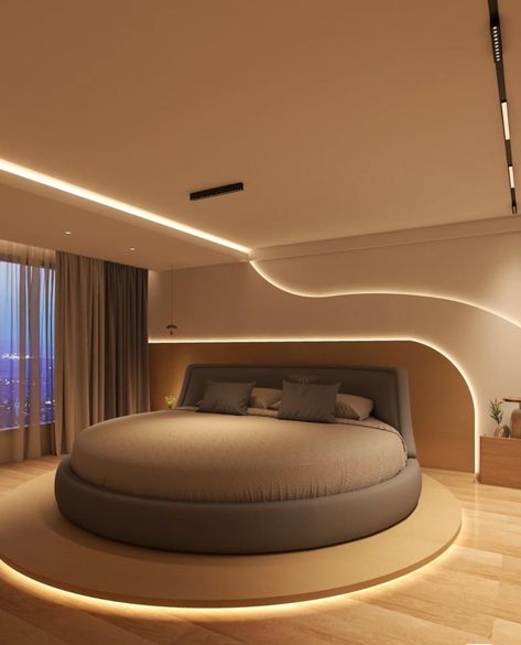 Unique Bedroom Design Awesome, Round Bed Designs Bedrooms, Circle Bed Aesthetic, Round Bed Aesthetic, Round Bed Designs, Circular Bedroom, Round Bedroom, Circle Bed, Spacious Bedroom