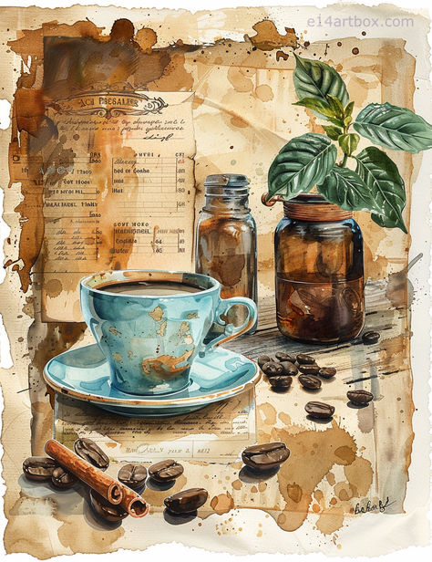 Art illustration and collage of coffee ephemera Coffee Cup Art Illustration, Art Cafe Ideas, Painting With Coffee Art, Coffee Ephemera, Espresso Art, Pouring Coffee, Coffee Art Painting, Coffee Background, Coffee Artwork