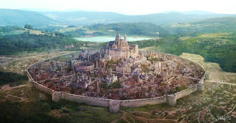 Walled city and castle Anime Original City Castle Wallpaper Fantasy Kingdom Cities, بيوت ملكية, Fantasy Town, Desain Lanskap, Fantasy Background, Location Inspiration, التصميم الخارجي للمنزل, Gambar Figur, Fantasy City