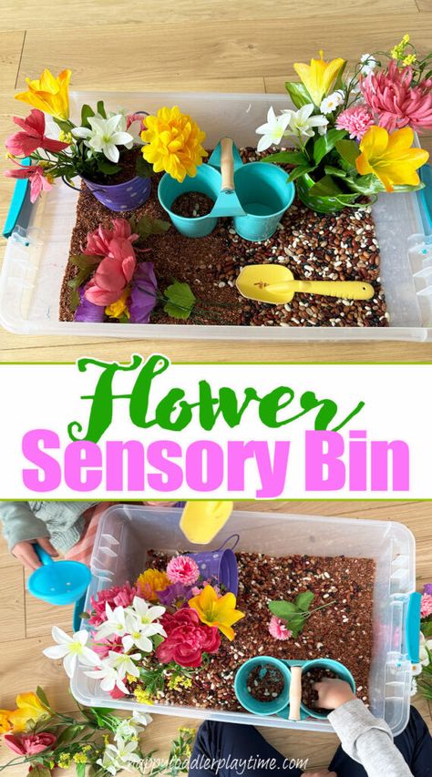 Flower Sensory Bin - Happy Toddler Playtime Flower Sensory Bin For Toddlers, Mother’s Day Sensory Bins, Toddler Garden Party, Flower Sensory Bin, Flower Sensory, Garden Sensory Bin, Spring Sensory Bin, Flower Activity, Grandparents Day Activities