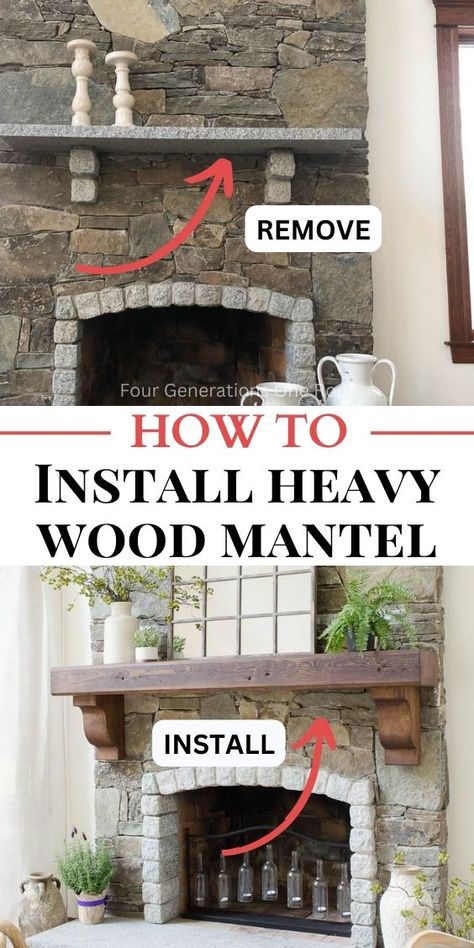 Mantel On Stone Fireplace, Wood Corbels Diy, Stone Fireplace Mantle, Rustic Fireplace Mantle, Mantel Installation, Stone Fireplace Decor, Rustic Farmhouse Fireplace, Diy Fireplace Mantle, Farmhouse Fireplace Mantels