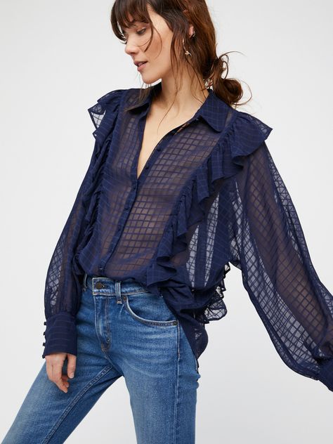 Heart and Soul Buttondown | Free People Outfit Con Camisa, Preppy Tops, Patch Work Blouse, Navy Blue Blouse, Ruffle Long Sleeve, Plaid Blouse, Long Blouse, Sheer Blouse, Blue Blouse