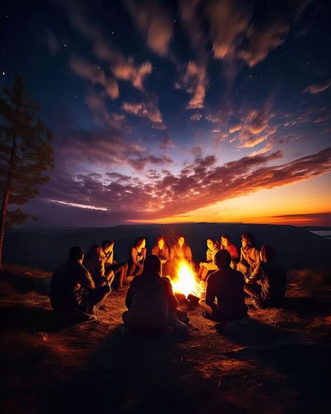 Photo the power of friendship in a vibra... | Premium Photo #Freepik #photo #campfire #bonfire #camping-night #campsite Campfire Aesthetic Friends, Campfire Storytelling, Campfire Photos, Desert Campfire, Campfire Aesthetic, Campfires Photography, Forest Campfire, Camping At Night, Campfire Art