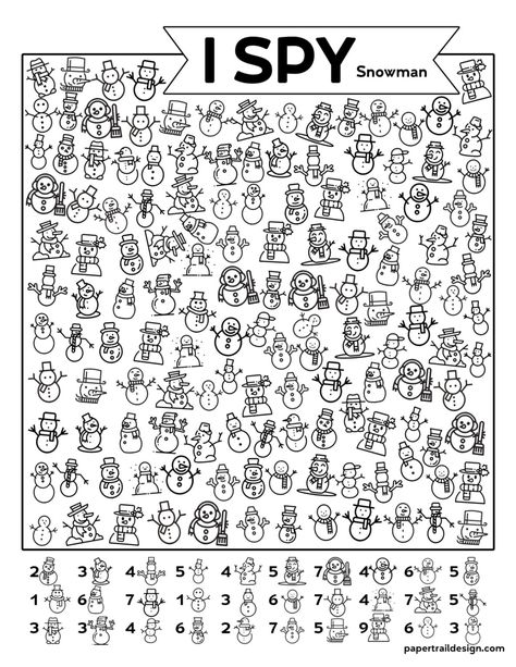 Free Printable I Spy Snowman Activity - Paper Trail Design Winter Theme Activities For Kids, Winter Mazes For Kids Free Printable, Ispy Worksheet For Kids, Winter Themed Activities For Kids, Winter School Activities, Winter Colouring Pages For Kids, Winter Activity Pages, Winter Worksheets For Kids, Winter I Spy