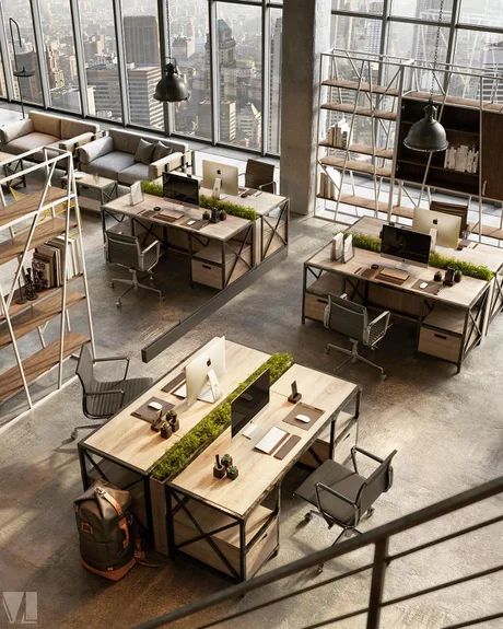 Loft style office design - 9GAG Office Inspiration Workspaces, Open Office Design, Office Furniture Layout, Interior Kantor, Industrial Office Design, Open Space Office, Office Design Inspiration, Loft Office, Modern Office Space