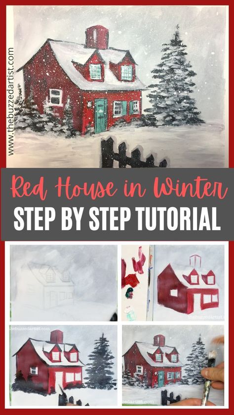 Painting Landscape Tutorial, Acrylic Painting Landscape, Landscape Tutorial, Sunset Canvas Painting, Diy Christmas Paintings, Winter Landscape Painting, Barn Painting, Winter Red, Canvas Painting Tutorials