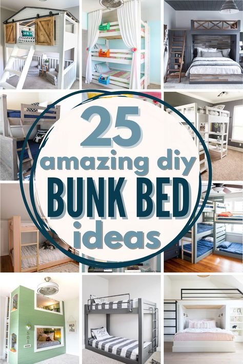 25 BEST DIY Bunk Beds (  Free Plans) Kids Will LOVE Plans For Built In Bunk Beds, Upper Bunk Bed Storage Ideas, Twin Over Full Bunk Bed Plans Diy How To Build, How To Make Bunk Beds, Kids Bunk Room Ideas, Girls Bunk Bedroom Ideas, Bunkbeds Design Small Room Kids, Twin Over Queen Bunk Bed Diy, Metal Bunk Bed Makeover