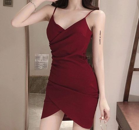 Maine Draped V-Neck Spaghetti Strap Bodycon Mini Dress | YesStyle Bodycon Dress Outfit Party, Dress Outfits Party, Body Con Dress Outfit, Tight Dress Outfit, Pakaian Feminin, Mini Bodycon Dress, Red Dress Outfit, Korean Fashion Dress, Korean Girl Fashion