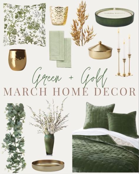 Green And Cream Home Decor, Green Gold Cream Bedroom, Light Green House Decor, Grey Green Gold White Bedroom, Green And White House Decor, Sage Green Decorations Bedroom, Office Decor Green And Gold, Sage Green And Gold House Decor, Sage And Gold Room