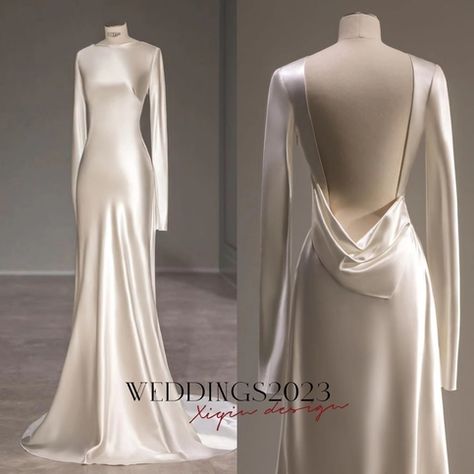 Silk Gown Wedding Dress, Long Sleeve Backless Wedding Dress Simple, Wedding Dress Open Back Long Sleeve, Wedding Dresses Long Sleeve Modest, Femme Fatale Wedding Dress, Silk Low Back Wedding Dress, Low Back Wedding Dress With Sleeves, Smooth Wedding Dress, Silk Fitted Wedding Dress