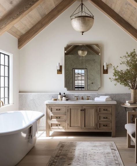 Becki Owens - Bathroom inspo post!! Also some mid week... | Facebook Vaulted Ceiling Ideas, Bathroom Inspo, Bath Room, Dream House Interior, Bathroom Renos, Farmhouse Homes, Decor Minimalist, House Bathroom, Farmhouse Bathroom