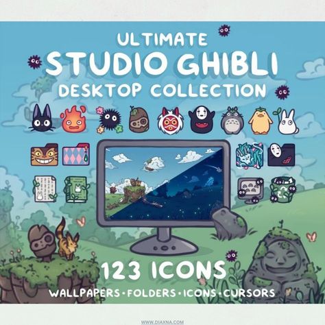 Transform Your Desktop: Explore the STUDIO GHIBLI Ultimate Collection of 123 Icons for Computer Background Wallpaper and Icon Organization by immabunnishop! Wallpaper Theme, Secret World Of Arrietty, Desktop Themes, Computer Background, The Cat Returns, Desktop Icons, Folder Icon, Doodles Drawings, The Secret World