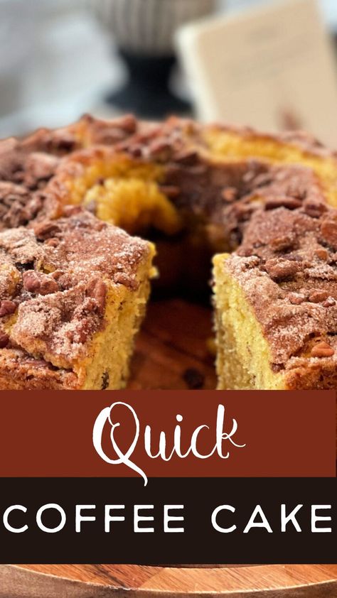 This Quick Coffee Cake is a delicious, flavor packed cake that is ready for the oven in under 10 minutes! Perfect for breakfast, snacks, sweet treats, or having guests over! Basic Coffee Cake Recipe, Box Cake Mix Coffee Cake, Bus Quick Coffee Cake, Recipe For Coffee Cake, Quick And Easy Coffee Cake Recipes, Easy Coffee Cake Recipes With Box Cake, What To Serve With Coffee Mornings, Cakes With Box Mixes, Coffee Cake With Cake Mix Boxes