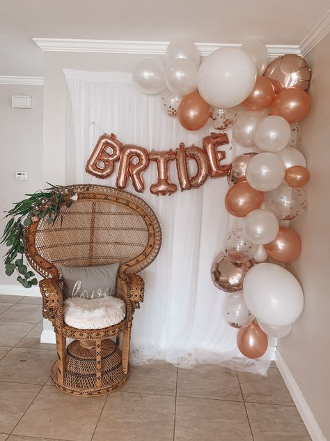 Bridal  shower background by Alyssa Markwell Simple Boho Wedding Shower, Wedding Shower Flower Cart, Bridal Shower House Decorations, Bridal Shower In Home Ideas, Bridal Shower Mantel Decor, Ballon Bridal Shower Ideas, Bridal Shower Ideas Decorations Balloons, Bridal Shower Ideas Balloon Arch, Boho Wedding Shower Backdrop