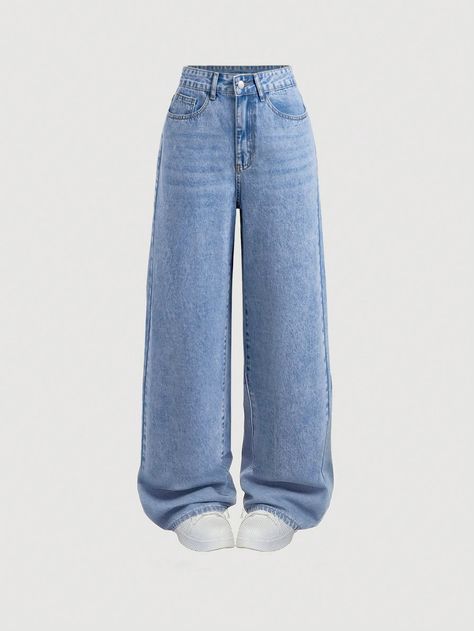 Women's Loose-Fit Casual Straight-Leg Jeans With Pockets Medium Wash Casual   Denim Plain Wide Leg Non-Stretch  Women Clothing, size features are:Bust: ,Length: ,Sleeve Length: Outfit For Jeans For Women, Cute Pants Jeans, Loose Straight Leg Jeans Outfits, Over Sized Jeans, Shoes For Jeans, Light Wash Baggy Jeans, Jeans From Shein, Plain Jeans, Jeans Large