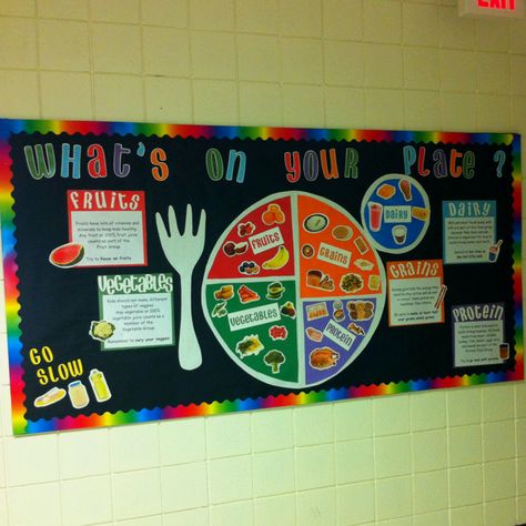 Nutrition bulletin board                                                                                                                                                                                 Más Cafeteria Bulletin Boards, Nutrition Bulletin Boards, Nurse Bulletin Board, Health Bulletin Boards, School Nurse Office, School Nutrition, Nutrition Classes, Health Fair, Family And Consumer Science