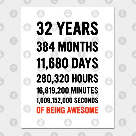 32nd Birthday Countdown Of Being Awesome - Happy Birthday Funny Gift -- Choose from our vast selection of art prints and posters to match with your desired size to make the perfect print or poster. Pick your favorite: Movies, TV Shows, Art, and so much more! Available in mini, small, medium, large, and extra-large depending on the design. For men, women, and children. Perfect for decoration. 55th Birthday Gifts, 56th Birthday, 20th Birthday Gift, Birthday Countdown, 32 Birthday, 55th Birthday, Birthday Wishes For Friend, Happy Birthday Funny, Birthday Funny