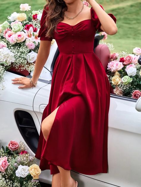 Ruched Fake Button Puff Sleeve Sweetheart Neck Split Thigh Satin Dress | SHEIN USA Satin Frocks For Women, Long Red Dress Formal, Modern Dresses For Women, Red Dress Formal, Daytime Glam, Beautiful Frocks, Full Sleeves Dress, Red Dress Sleeves, Sweetheart Neckline Dress