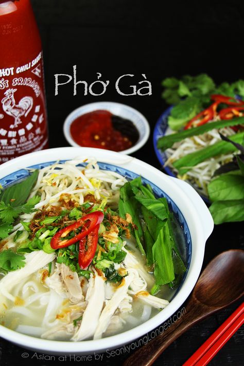 Pho Ga Recipe, Chicken Pho Recipe, Asian At Home, Vietnamese Noodle Soup, Pho Ga, Seonkyoung Longest, Chicken Pho, Pho Recipe, Vietnamese Noodles