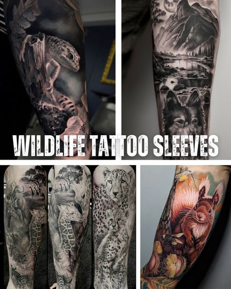 47 Wildlife Tattoo Designs You'll Want To Get - Tattoo Glee Savannah Tattoo Ideas, Deer And Turkey Tattoo, Safari Tattoo Sleeve Women, Animal Sleeve Tattoo For Women, Wildlife Tattoo Sleeve, Jungle Tattoo Design, Jungle Tattoo Sleeve, Turkey Tattoos, Racoon Tattoo