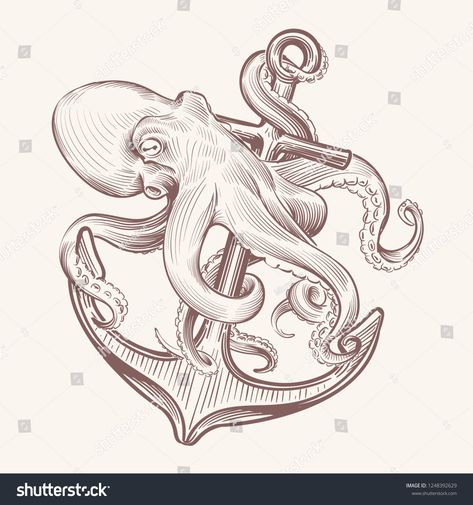 Octopus with anchor. Sketch sea kraken squid holding ship anchor. Octopus navy tattoo vector vintage designsea#kraken#squid#Octopus Octopus Anchor Tattoos, Kraken Drawing, Anchor Sketch, Navy Tattoos, Kraken Tattoo, Octopus Tattoo Design, Octopus Tattoos, Tattoo Vector, Ship Anchor