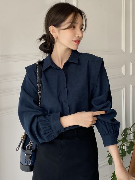 DAZY Bishop Sleeve Button Up Blouse How To Style Blue Shirt Women, Button Up Shirt Layering, Navy Blue Style Womens Fashion, Modest Blouses For Women, Navy Outfits Aesthetic, Ootd Kemeja Navy, Navy Blue Tops For Women, Navy Blue Womens Outfits, Navy Blouse Outfit Work