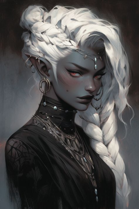 Gray Skin Character Art, Gray Skin Character, Winter Druid Dnd, Drow Bard Female, Celestial Warlock Dnd, Moon Elf Rogue, Drow Paladin Eilistraee, Drow Female Art, Drow Monk