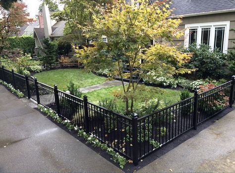 Short Fence, Black Fence, Pool Stuff, Privacy Fence Designs, Front Fence, Brick Fence, Small Front Yard, Wrought Iron Fences, Front Yard Fence