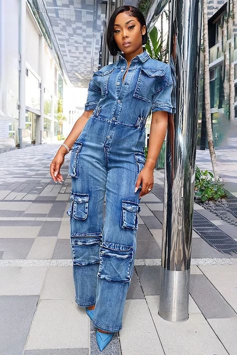 Ashoul Cargo Jumpsuit Outfit, Boss Dress, Cargo Jumpsuit, Denim Jumpsuits, Sassy Outfit, Denim Cargo, Lace Romper, Denim Jumpsuit, Tulum