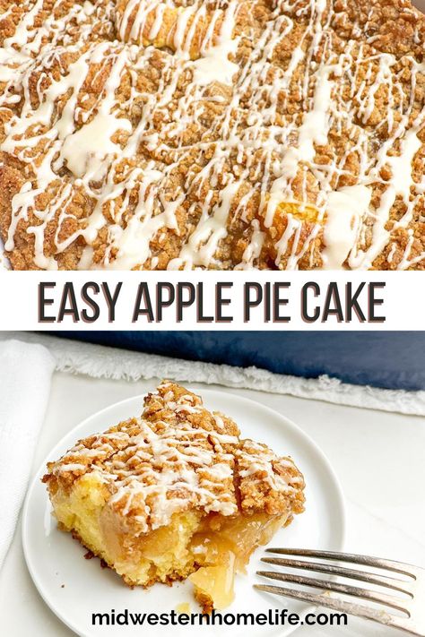 Crazy delicious Apple Pie Coffee Cake has a tender yellow cake base, gooey apple pie filling, crunchy cinnamon streusel topping, and sweet powdered sugar glaze. Easy cake mix coffee cake recipe that's full of fall flavor -- and the perfect dessert, breakfast, and coffee break treat. Apple Pie Coffee, Cake Mix Coffee Cake, Cinnamon Streusel Topping, Yellow Cake Mix Recipes, Breakfast And Coffee, Apple Pie Cake, Apple Cinnamon Cake, Powdered Sugar Glaze, Coffee Cake Recipes Easy